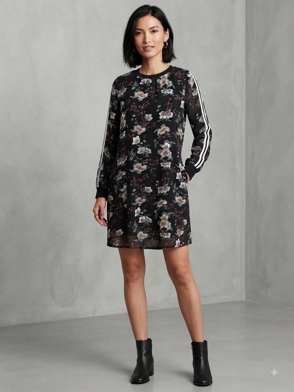 Floral Long-Sleeve Dress in Black